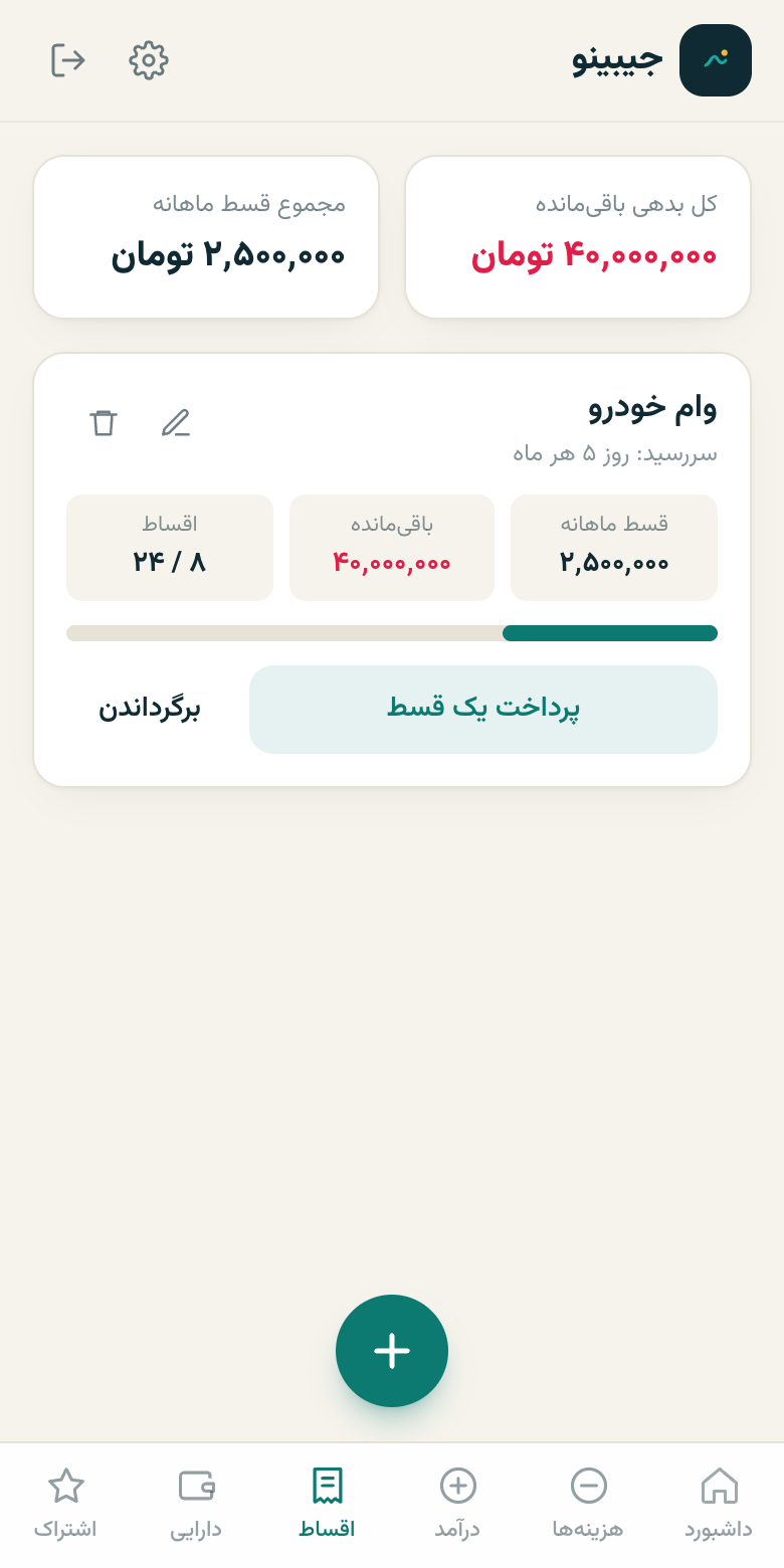 اقساط و بدهی در جیبینو